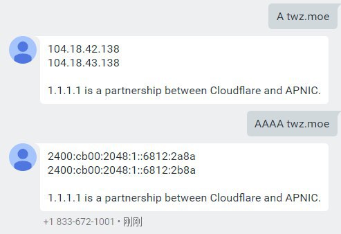 CloudFlare 提供一个名为「DNS over SMS」的功能，可以通过短信的方式查询 DNS 记录目前手机号码为 +1(833)672-1001 和 +44(0)1807391001