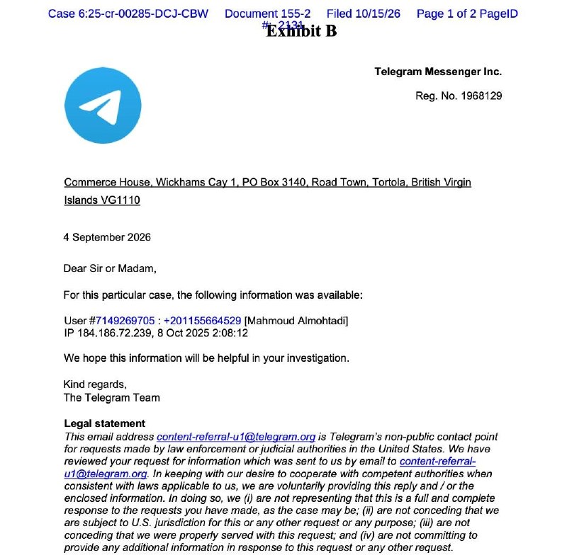  Telegram 向美政府提供用户数据细节曝光新公开的法院文件显示，Telegram 在回应美国法院命令时，向执法部门提供了一名用户的手机号、用户 ID 和 IP 地址