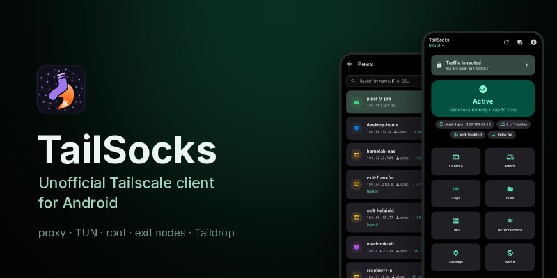 GitHub - bropines/tailsocks: Unofficial Tailscale client for Android — SOCKS5/HTTP proxy, TUN VPN or root routing, exit nodes,…