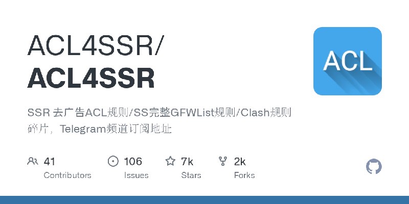GitHub - ACL4SSR/ACL4SSR: SSR 去广告ACL规则/SS完整GFWList规则/Clash规则碎片，Telegram频道订阅地址