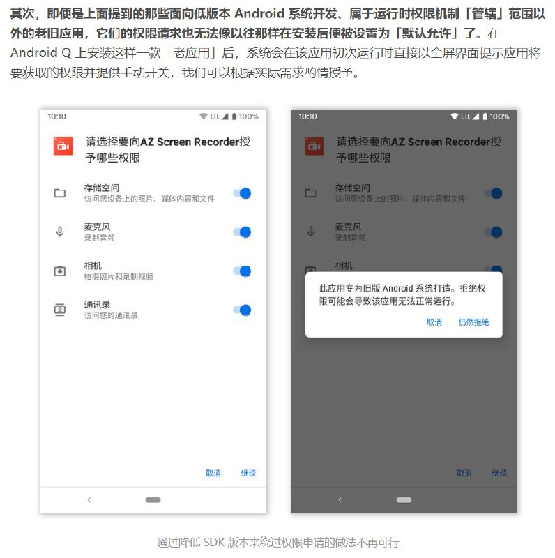 Android Q 的这个功能对应此前版本中的 PermissionReview 选项，但默认关闭