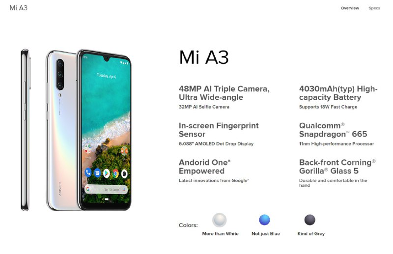 小米A3已上线Mi Global官网，根据硬件参数判断，是小米CC9e的Android One版本，Mi Global商店地址：