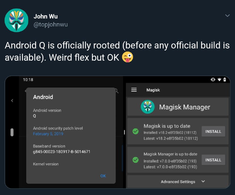 topjohnwu 已經把 Android Q 給 root 了👍🏻