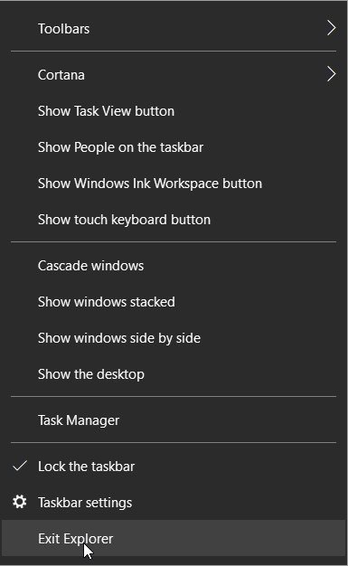 Windows Explorer 隐藏技能： 按住 Ctrl + Shift 右键单击任务栏，可以退出 Explorer