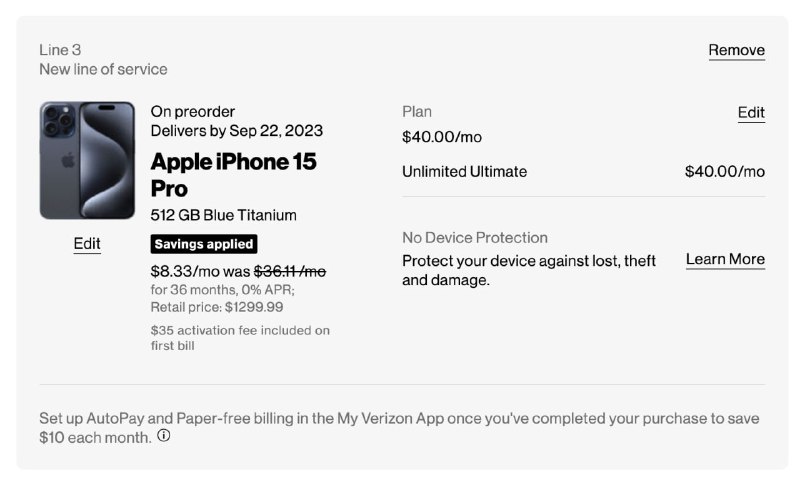 如何划算的“近乎白嫖” iPhone 15 Pro Max？—— 美帝运营商（Verizon） Trade-in Deals 划算参与条件0）首先要能接受 $30-50 的每月话费，这是美帝无限流量套餐的平均水平，约等于“不买合约机也得花这么多钱”1）有四个有同样想法上车美帝运营商直营 postpaid 套餐的人，其中有人有 SSN 和不错的信用记录