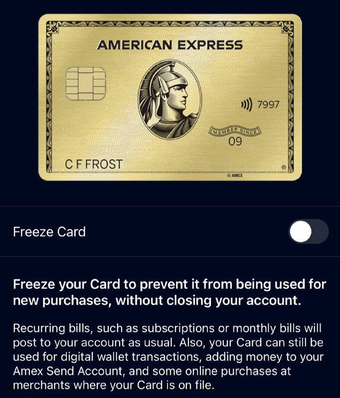 AmEx 的 Freeze Card 功能和这一设想非常接近，以下交易不受 Freeze 影响：如果卡已经丢了，立即申请 Replace，理由选择 Lost Card，原卡号会马上失效，安全第一