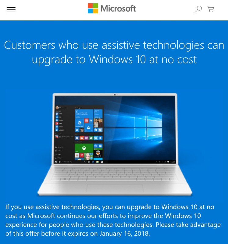 Microsoft 把透過 “輔助技術” 免費升級 Win10 的限期延長到 1 月 16 日