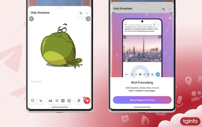  高级格式化功能仅限 Premium 会员使用在 Android 版 Telegram 12.9 Beta 版中，只有订阅了 Telegram Premium 的用户才能发送在高级文本编辑器中编辑的消息