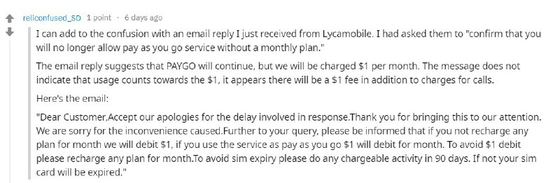 关于最近热议的 Lycamobile 可能不再允许非固定月费（$19USD起）用户使用的事情：每月 $1USD 保号费、同时至少每 60 天消费一次保号的要求不变 可能是最终方案