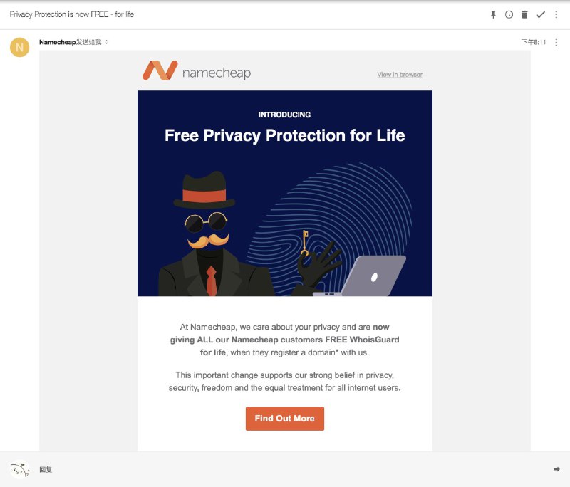 Namecheap 的 WhoisGuard 也终身免费咯(๑•̀ㅂ•́)و✧注：此前是首年免费，2.88 美元每年