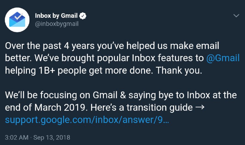 Google 宣佈明年 3 月底會停止 Inbox 運作，然後大家需要重新換回 Gmail 了
