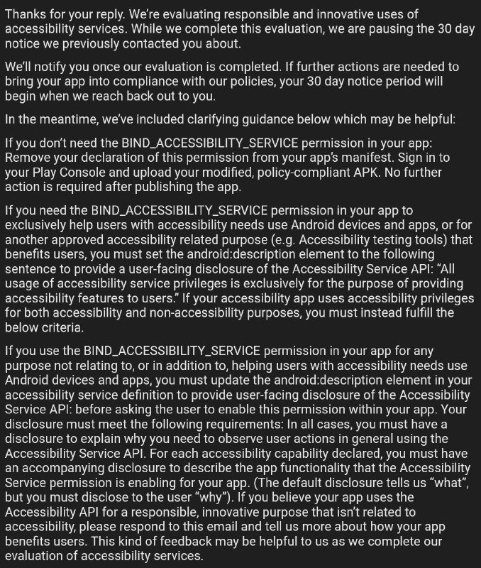 Google 暫停了使用 Accessibility Services 應用的 30 日期限，並且重新審視所謂 “responsible and innovative” 的用法