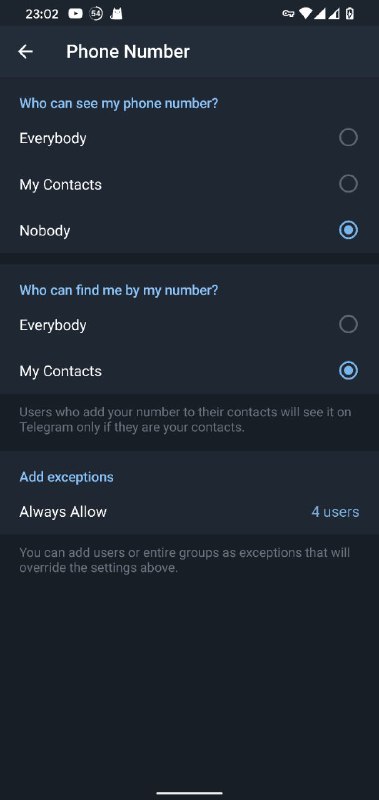推荐所有「不需要他人通过手机号找到你的 Telegram」的朋友参照此图设置 Telegram 的隐私设置的手机号部分